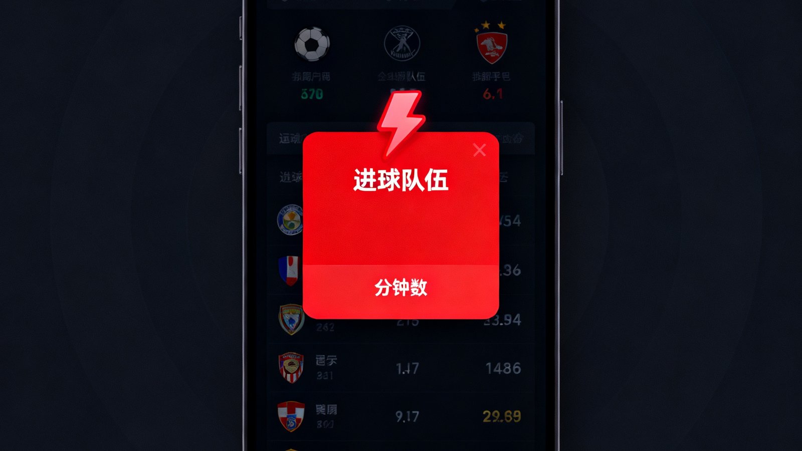 智能手机屏幕上展示闪电比分推送通知，红色弹窗显示进球队伍与分钟数，背景是深色模式的数据界面设计