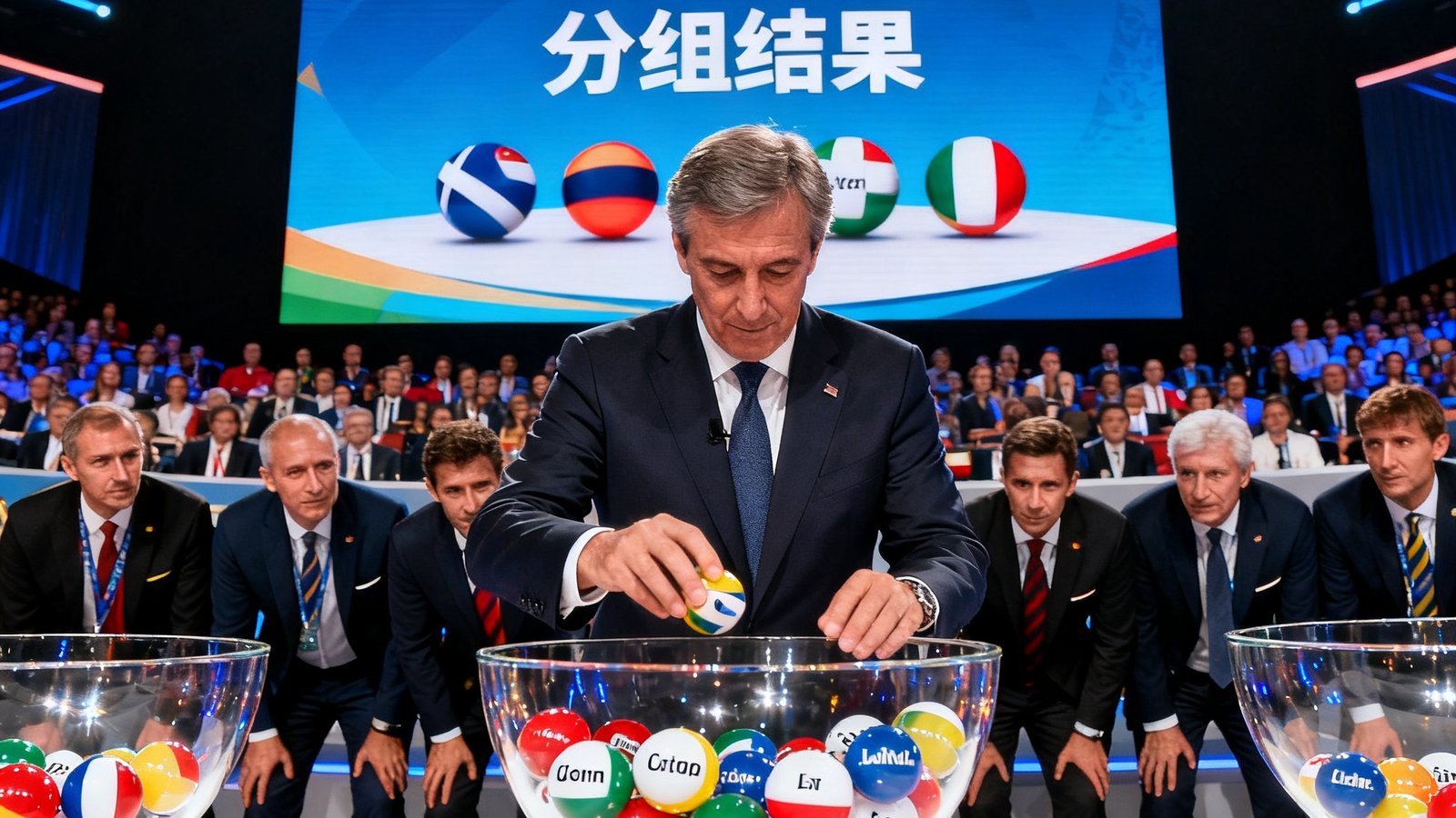 国际足联官员在舞台上从透明玻璃碗中抽取印有国家名称的彩色小球，大屏幕同步显示分组结果，现场观众席上各国代表团神情紧张地注视着舞台